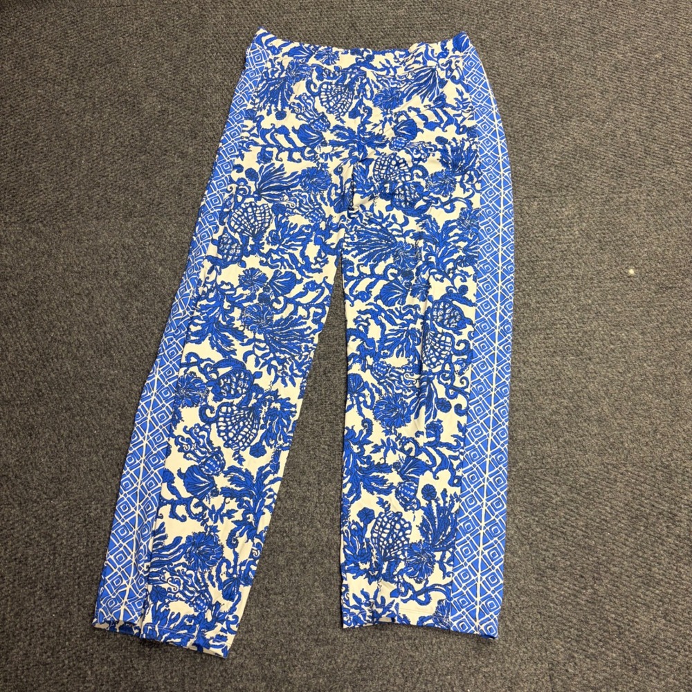 Lilly Pulitzer Blue White Coral Print Knit Straight Leg Pants Large RN 88189